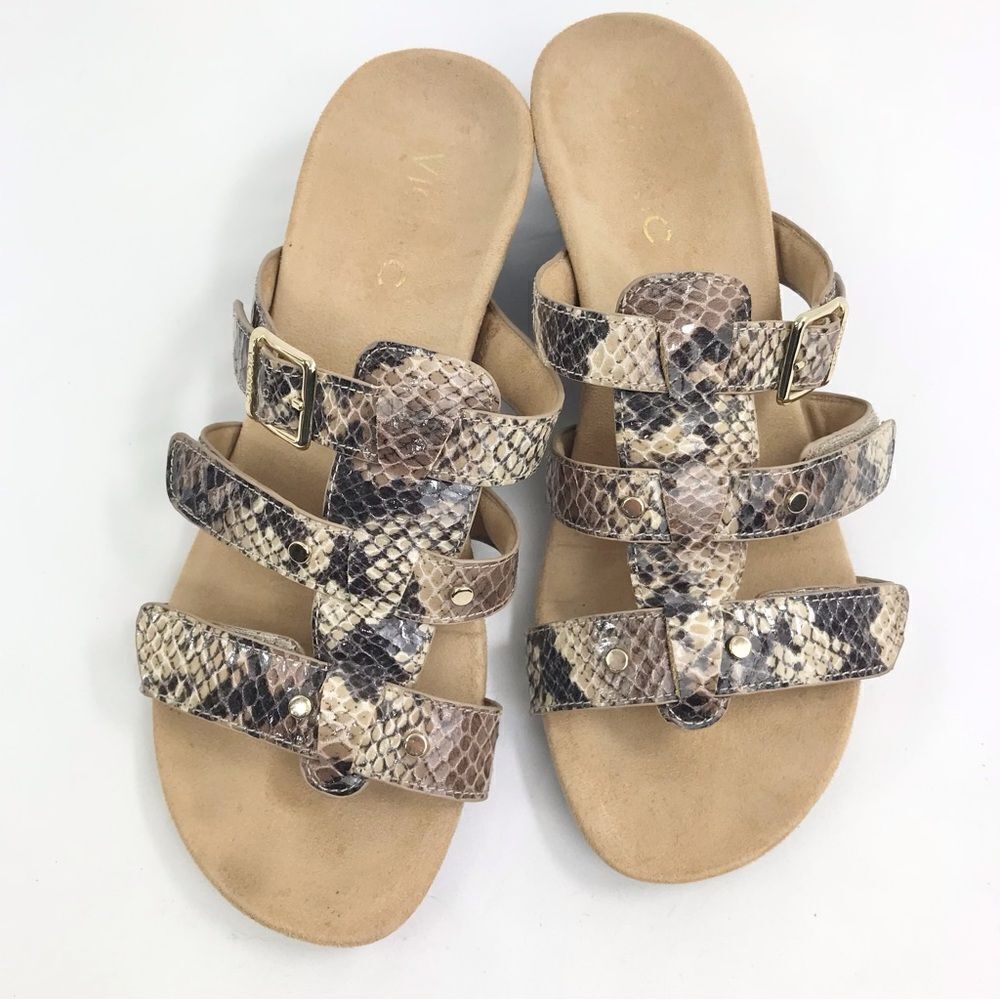 Vionic Radia Brown Tan Faux Snakeskin Triple Strap Wedge Slide Orthotic Sandals